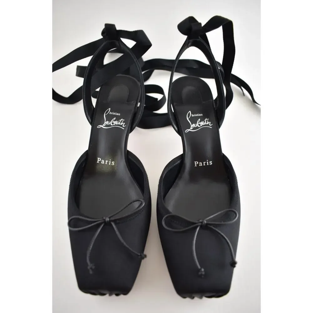 Christian Louboutin Cassia Lace Up 55 Black Tie Ballet Sandal Low Heel Pump 36.5